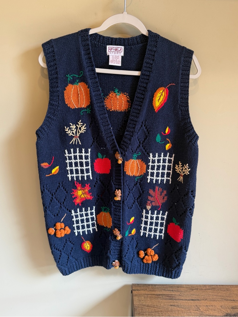 VTG PBJ Sport Sweater Vest Sz XL Seasonal Pumpkin Leaves Fall Autumn